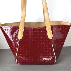 Arcadia Embossed Patent Leather Tote Shoulder Bag LARGE Dark Red Made In Italy